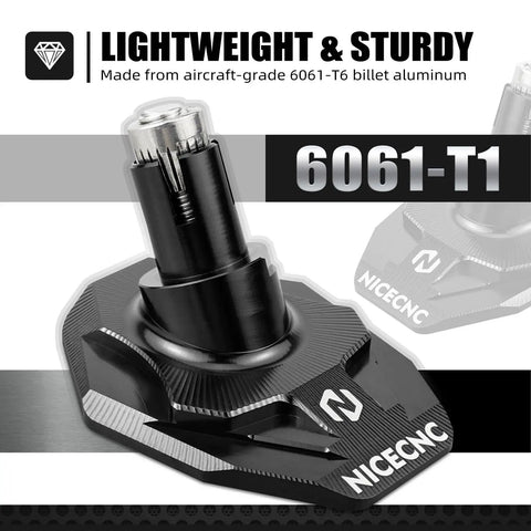 Front view of Beefy Kickstand Foot Extension Pad And Puck For Dirt Bikes, CNC Billet Aluminum, compatible with KTM, black 6061-T6.