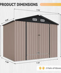 8x6 Ft Outdoor Metal Storage Shed With Galvanized Steel Construction, Double Doors, Moisture Proof Floor, Brown color front view