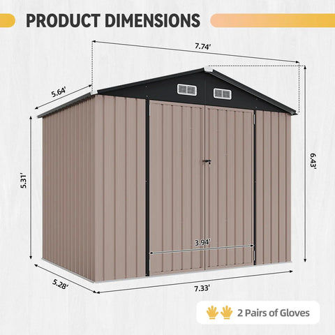 8x6 Ft Outdoor Metal Storage Shed With Galvanized Steel Construction, Double Doors, Moisture Proof Floor, Brown color front view