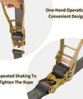 Heavy Duty 4 Pack 2 Inch Ratchet Straps With Durable Flat Hooks For Secure Cargo Tie Downs On Trucks And Flatbeds, showing one-hand operation design.