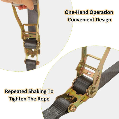 Heavy Duty 4 Pack 2 Inch Ratchet Straps With Durable Flat Hooks For Secure Cargo Tie Downs On Trucks And Flatbeds, showing one-hand operation design.