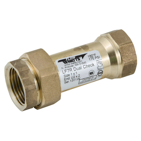 Brass Watts LF7R dual check valve, 1 in union ends, side view