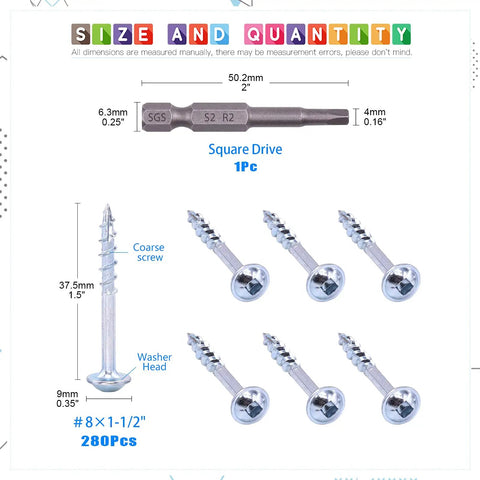 280 Piece Pocket Hole Screws Size 8 By 1.5 Inch Zinc Coated Square Drive Self Tapping Coarse Thread Wood Screws displayed with bit