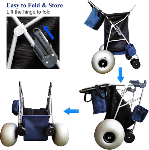 Beach Cart With Balloon Wheels, Heavy Duty Steel Wagon That Rolls Smoothly Over Sand, Carries 4 Folding Chairs, Pump Included.