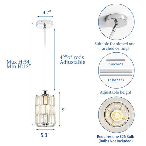 etiruety Adjustable Modern Crystal Chrome Pendant Lights Kitchen Island dimensions with 5.3" diameter crystal shade.