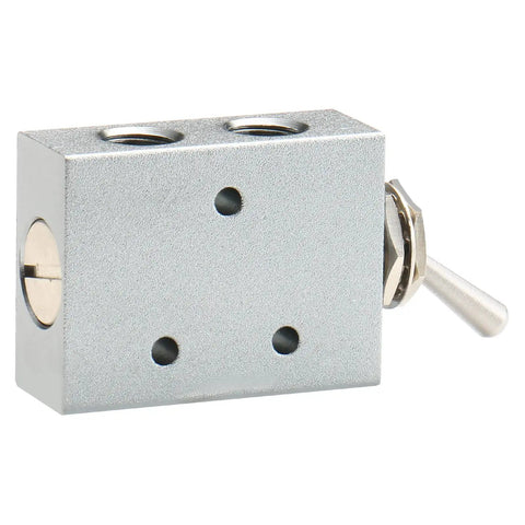 HL-2501-V 5 Way 2 Position Pneumatic Toggle Valve, side view showing metal body and toggle switch for cylinder control.