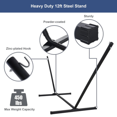 12 Ft Outdoor Hammock With Stand For Two, Freestanding Yard Lounger With Curved Spreader Bars, Heavy Duty 450 Lb Capacity