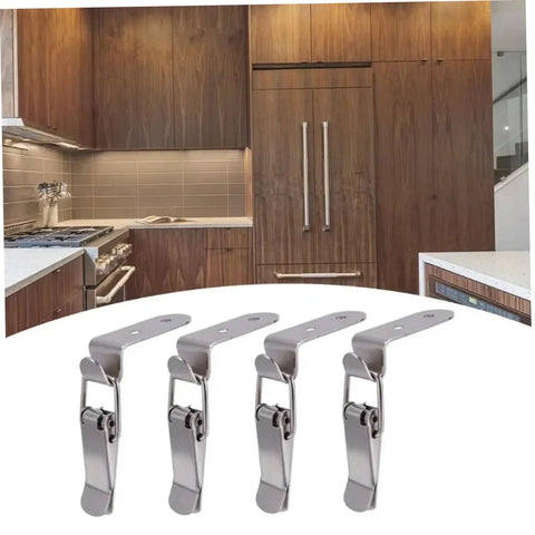 90 Degree Stainless Steel Spring Loaded Latch Set Four Pack Toggle Clamp With Clasp Buckle and kitchen background