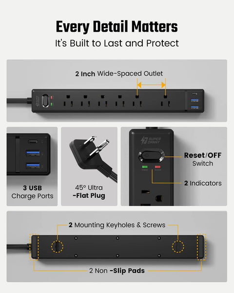 Power Strip With Nine Point Eight Foot Extension Cord And Surge Protector 5 Outlets 3 USB Ports Auto Smart Charging.