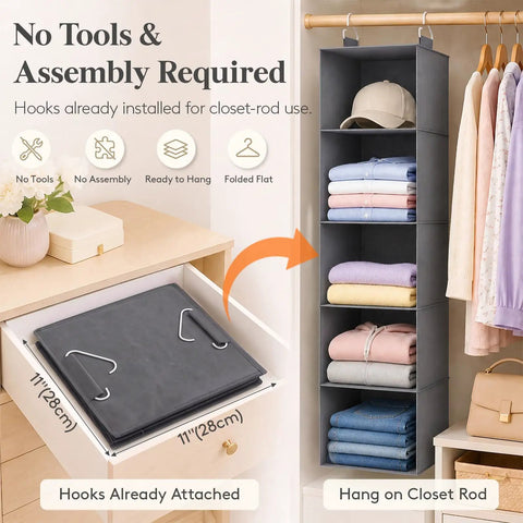 Five Tier Hanging Closet Organizer With Multi Compartment Wardrobe Storage Bin For Sweaters Pants And Towels Slick Heavy Duty Fabric Design Keeps Things Neat And Makes Sorting A Total Breeze