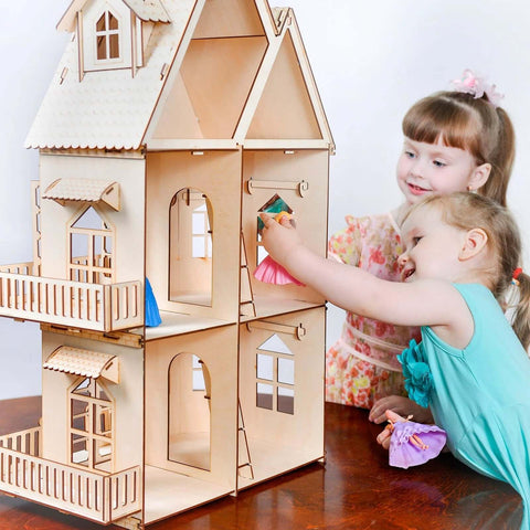 Front view of a multi-story wooden dollhouse built from unfinished basswood sheets; children play with accessories.