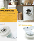 Seentech dryer idler pulley with enhanced bearings; white plastic wheel with metal bracket in laundry room setting.