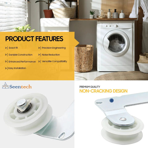 Seentech dryer idler pulley with enhanced bearings; white plastic wheel with metal bracket in laundry room setting.