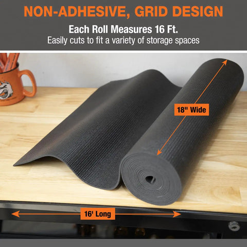 Universal Heavy-Duty Tool Box And Shelf Liner Non-Slip PVC Mat For Truck Tool Boxes Van Shelves Garage Cabinets Workbenches And Carts Cut-To-Fit 16 Ft, shown unrolled on a wooden surface.