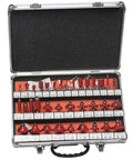 Badass Flush Trim Router Bit Set Featuring Tungsten Carbide Tips For Grip It And Rip It Woodwork and Straight Shooter Precision in hard case.