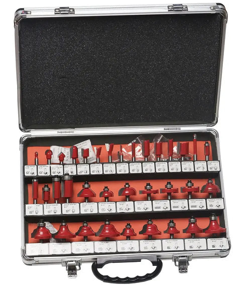 Badass Flush Trim Router Bit Set Featuring Tungsten Carbide Tips For Grip It And Rip It Woodwork and Straight Shooter Precision in hard case.