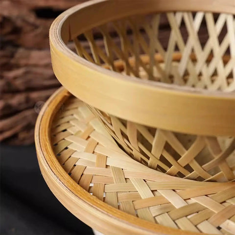 Handcrafted Bamboo Pour Over Coffee Dripper With Secure Fixed Drip Tray And Reusable Cone Filter For Smooth One To Three Cup Daily Brew Sessions Badass Vibes, close-up of woven bamboo baskets.