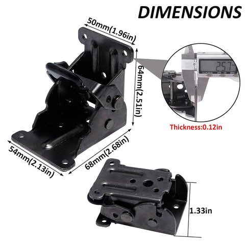 Dang Sturdy Heavy Duty Folding Table Legs And Bed Leg Expanders With Selflocking Hinge Screws Bulletproof Steel Support Brackets in black, showing dimensions.