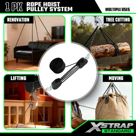 5 To 1 Block And Tackle Pulley Hoist System With 50 Ft Heavy Duty Poly Rope, 2000 Lb Breaking Strength, 1000 Lb Load Capacity, Zinc Plated Steel Wheel Block, Safe Quick Hooks, Includes Two 18 Inch Soft Loops. Rope hoist pulley system shown for lifting, moving, tree cutting, and renovation.