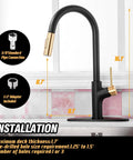 Boss Black And Gold Kitchen Faucet With Pull Down Magnetic Docking Sprayer shown with installation dimensions in RV kitchen setup.