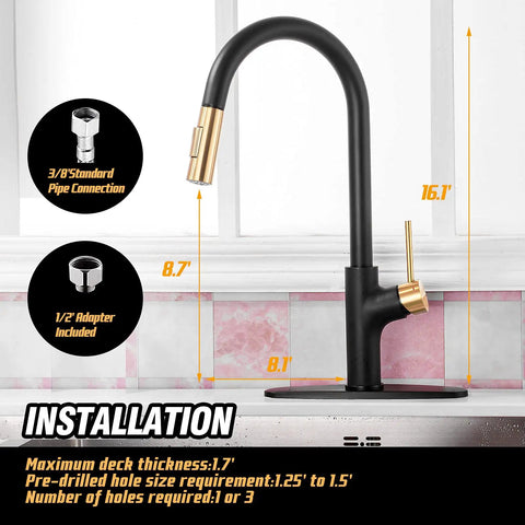 Boss Black And Gold Kitchen Faucet With Pull Down Magnetic Docking Sprayer shown with installation dimensions in RV kitchen setup.