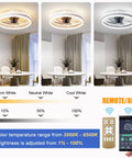 20 Inch Smart Ceiling Fan With Remote And App Control And Light displayed in warm, neutral, and cool white settings with remote control.