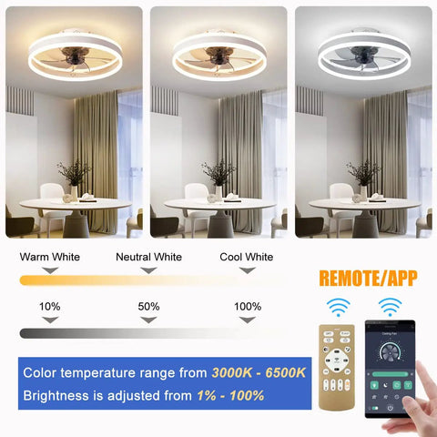 20 Inch Smart Ceiling Fan With Remote And App Control And Light displayed in warm, neutral, and cool white settings with remote control.