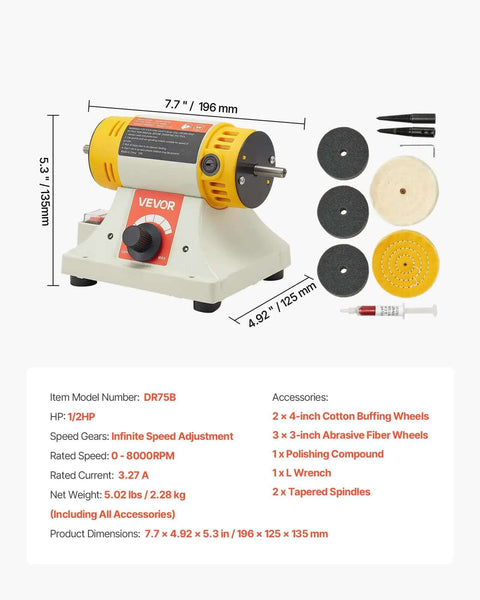 Benchtop Buffer Polisher With Half Horsepower Motor And 0 To 8000 RPM Adjustable Speed Heavy Duty Polish And Buffing Machine Includes 4 Inch Cotton Wheel Pair 3 Inch Fiber Wheels And Polishing Compound For Metal Jewelry And Wood showing entire tool with accessories.