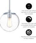 One Light Dimmable Pendant With Clear Seedy Glass Globe In Polished Chrome Dope Modern Kitchen Island Lighting Adjustable Height