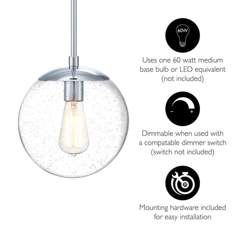 One Light Dimmable Pendant With Clear Seedy Glass Globe In Polished Chrome Dope Modern Kitchen Island Lighting Adjustable Height