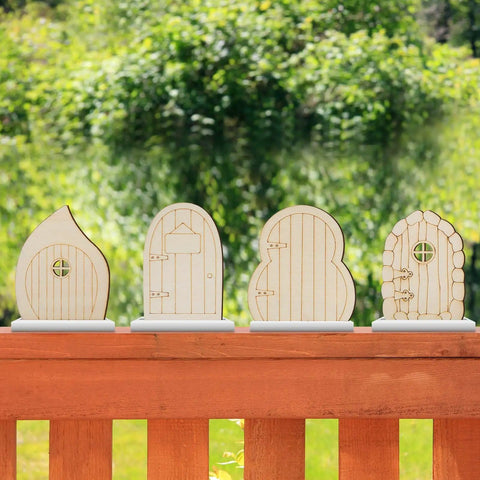 DIY Fairy House Kit 48 Pcs Unfinished Wood Doors And Windows For Miniature Garden Decor displayed on wooden railing