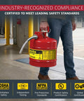 Heavy Duty Galvanized Steel Gasoline Safety Can With Slick Squeeze Lever And Zero Stress Flow Control For Rough Job Site Transfers And Mechanic Bay Runs In Bold Red being carried