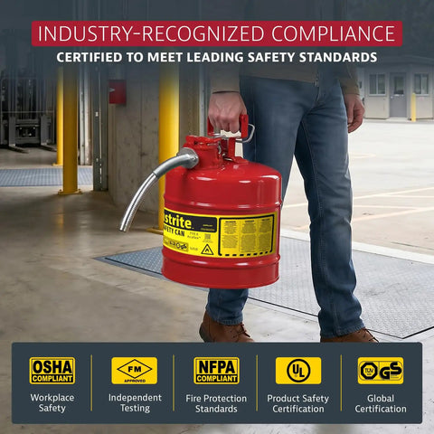 Heavy Duty Galvanized Steel Gasoline Safety Can With Slick Squeeze Lever And Zero Stress Flow Control For Rough Job Site Transfers And Mechanic Bay Runs In Bold Red being carried