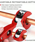 Front view: red ratcheting tubing cutter on copper pipe; adjustable 5/16 in–1/8 in range