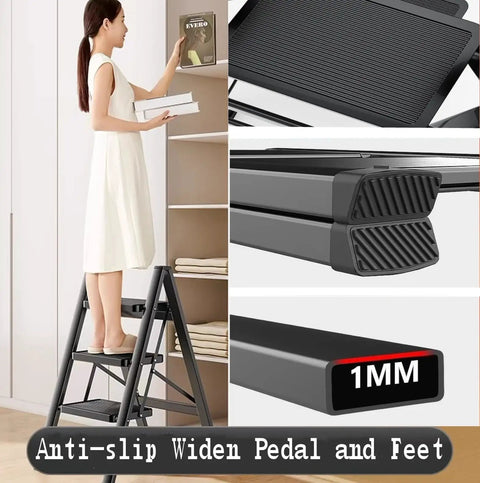 Five Step Folding Step Ladder With Anti Slip Wide Pedal Aluminum Construction Lightweight Portable Stepladder For Home Office Library Workshop And More 300 Lb Capacity Black Non Slip Feet Triangular Frame Boss Level Stability woman on black 5-step aluminum ladder reaching shelves