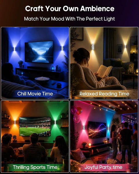 GOODEA RGB Wall Sconce, Rechargeable Motion Sensor Wall Light with Remote in various ambient settings for movies, reading, sports, and parties.