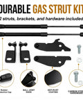 Durable gas strut kit with two black struts, brackets, and assorted hardware for Heavy Duty Gas Hood Struts For Slick One Hand Lift Replacing Factory Prop Rod Rapid Under Hood Access For Toyota Tacoma 2024 To 2026 And 4Runner Models Badass Build No Sweat.