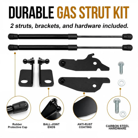 Durable gas strut kit with two black struts, brackets, and assorted hardware for Heavy Duty Gas Hood Struts For Slick One Hand Lift Replacing Factory Prop Rod Rapid Under Hood Access For Toyota Tacoma 2024 To 2026 And 4Runner Models Badass Build No Sweat.