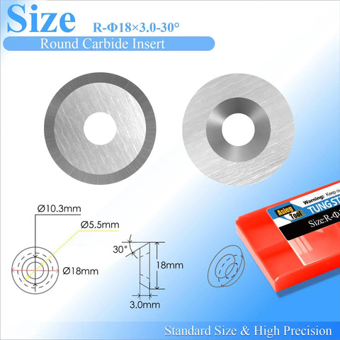 Rock Solid Wood Turning Carbide Inserts 18Mm X 3Mm 30 Degree Lathe Blades With Screws showing 18mm round tungsten inserts and dimensions.