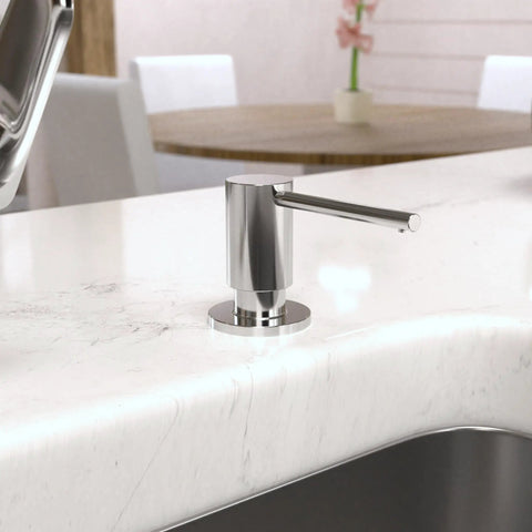 Focus Series 3 Inch Soap Dispenser For Bath And Kitchen Sink Chrome Finish Modern Countertop Pump With 16 Oz Refillable Bottle Above Counter Height Two And Three Quarters Inches Durable Chrome Look Easy Refill on a marble countertop