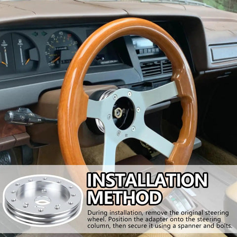 Half Inch Steering Wheel Hub Adapter Spacer Converts Six Hole To Three Bolt Pattern With Rugged Bolts For Dead Simple Install And Solid Grip On Any Daily Driver Build, showing installation method in car interior.