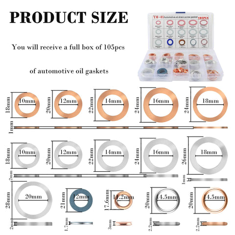 Must Have 105Pcs Car Oil Drain Plug Gasket Set Crush Washer Assortment with sizes M10 M12 M14 M16 M18 M20 shown in labeled case.