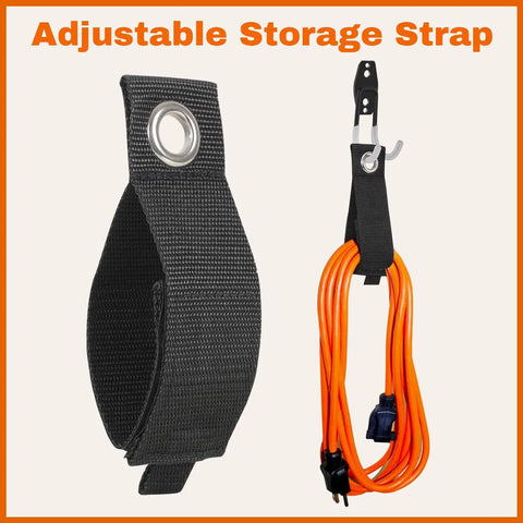 Heavy Duty Garage Hooks 15 Pack Set With Bike Hook And Extension Cord Organizer showing adjustable storage strap with orange cord