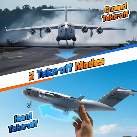 Ready to Fly RC C-17 Globemaster III Plane With 6 Axis Gyro Stabilizer showing ground and hand take-off modes