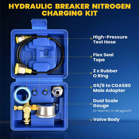 Nitrogen Gas Charging Kit For Hydraulic Breaker Hammer With Dual Scale Gauge 0-1420 PSI And 100 Kg Cm2, Glycerin-Filled Gauge, Heavy-Duty Brass And Stainless Steel Build, CGA580 Adapter, 90 Cm Test Hose