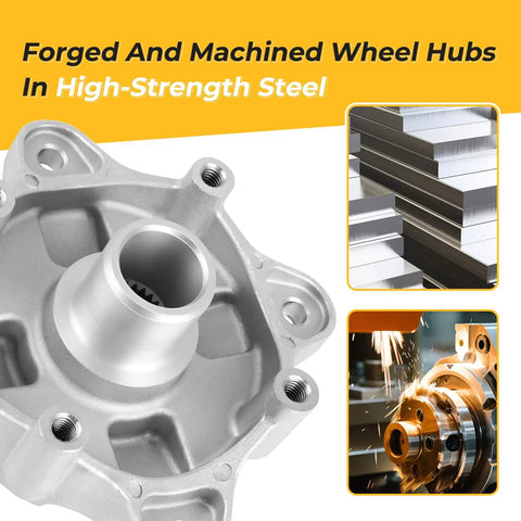 Forged and machined wheel hub assembly in high-strength steel; part for Badass Heavy Duty Rear Wheel Hub Assembly With Studs Replacement For Polaris RZR Sportsman Ace Ranger Atv Utv Models Built Tough For Deep Mud And Rocky Trail Cruising.