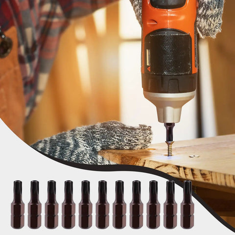 Workhorse Heavy Duty T25 Torx Security Bits 12 Piece Pack Quarter Inch Hex Shank One Inch Long S2 Shock Resistant Steel Magnetic Tamper Proof Driver Set in use with drill.