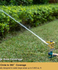 Heavy Duty Pulsating Impact Sprinkler With Spike Base, All Metal Construction Built To Last, 360 Degree Adjustable Spray Pattern For Large Lawns And Yards, Covers Up To 5800 Sq Ft spraying water on lawn