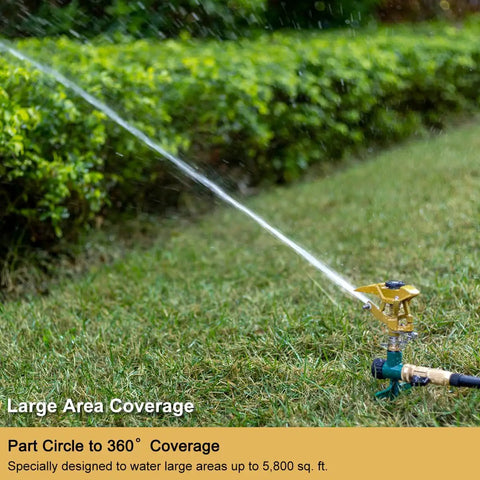 Heavy Duty Pulsating Impact Sprinkler With Spike Base, All Metal Construction Built To Last, 360 Degree Adjustable Spray Pattern For Large Lawns And Yards, Covers Up To 5800 Sq Ft spraying water on lawn