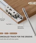 Trackless Concealed Sliding Barn Door Hardware With Dead Silent Soft Close Aluminum Hidden Track For Interior Wood Doors showing soft close mechanism and top roller.